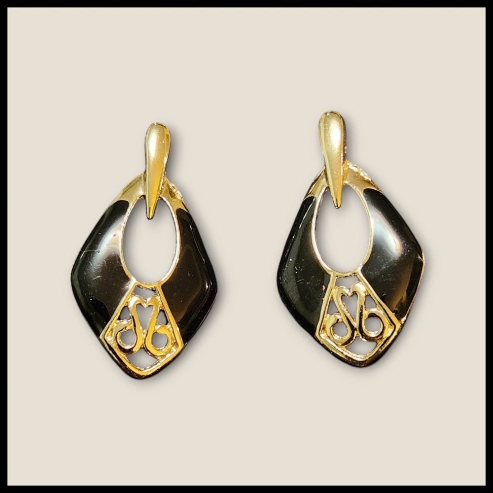 Vintage 1980's Black Enamel Post Earrings Openwork